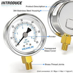MEANLIN MEASURE 0~60Psi Dry Pressure Gauge Stainless Steel 1/8" NPT 2" FACE DIAL Waterproof for Pool Filter Pump Oil Air Compressor Tire Pressure Tester Lower Mount with 1/4" NPT and 3/8" NPT Hex Bush
