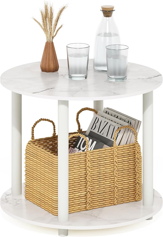 Furinno Turn-N-Tube Simple Design 2-Tier Round Wooden Small Coffee Table, Marble White