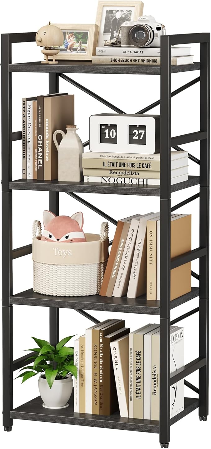 Homeiju Black Bookshelf, 4 Tier Small Bookcase, Black Metal Small Bookcase, Book Shelf Organization and Storage for Living Room, Bedroom, and Home Office