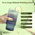 6pcs Hobnail Drinking Glasses Set, 16 oz Vintage Glassware Drinking Glasses, Gradual Gray-blue Water Glasses Tumbler, Cups for Kitchen, Juice, Beer, Cocktail, Whiskey