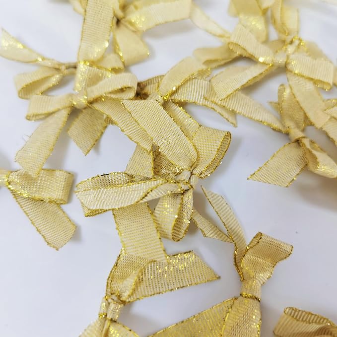 50pcs/pak 1-1/2" Mini Metallic Gold Ribbon Bows Without Twist Ties for Crafts Candy Packing Decor Christmas Halloweeen Decoration (W.Gold)