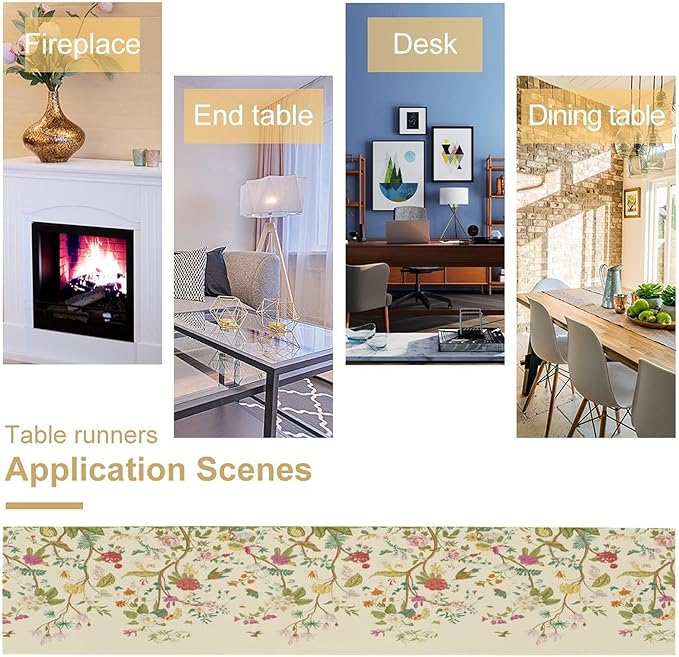 Floral Table Runner, Vintage Birds Wildflowers Herbs Nature Theme Linen Long Table Kitchen Dining Table Holiday Party Decorative Table Runner,13in（33cm） W * 60in（152cm） L