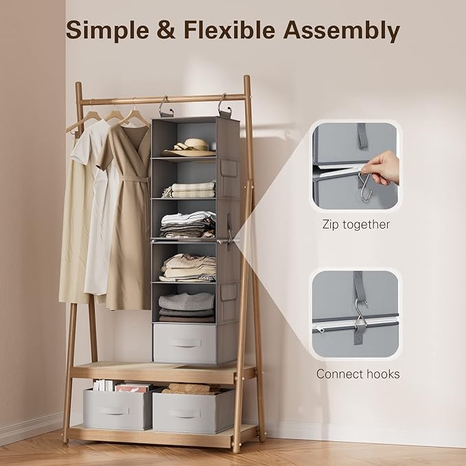 Pipishell 6-Shelf Hanging Closet Organizer, Hanging Shelves with 2 Separable 3-Tier Shelves, Closet Shelves Organizer with 3 Removable Drawers for Wardrobe, Nursery, Baby Clothes Organizer, Gray