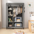 Calmootey Portable Closet, Wardrobe with 6 Shelves and Hanging Rod, Storage Organizer for Bedroom, Non-Woven Fabric Cover with 4 Side Pockets, Includes 2 Storage Bags for Clothes, Grey