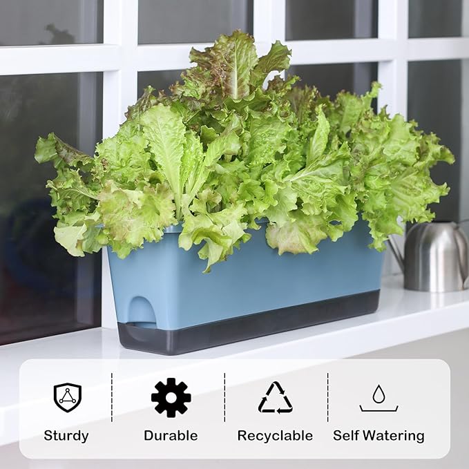 Window Box Planter 4 Packs, 17 Inches Rectangle Flower Pots with Drainage Holes & Trays, Pots for Vegetables, Herbs, Flowers, Garden Windowsill Balcony (Blue, 17 * 5.1 * 6 inch)