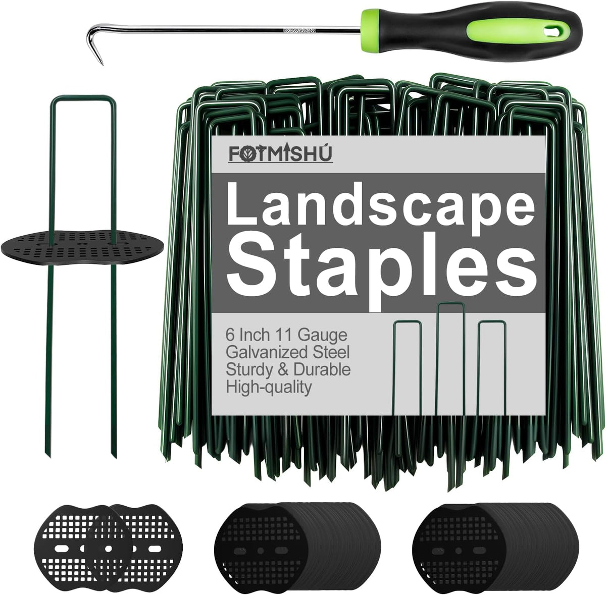 FOTMISHU Landscape Staples 6Inch 100pcs Garden Stakes + 100pcs Gasket, Lawn Pins with Spray Coating Craft,11Gauge Anti-Rust Ground Yard Spikes Anchoring for Outdoor Tents Irrigation Hoses (Green)
