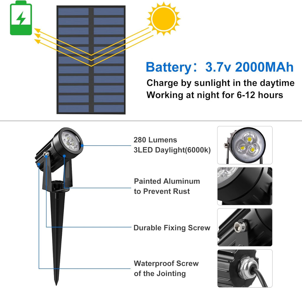 Solar Spot Lights Outdoor, Solar Landscape Spotlights IP65 Waterproof 9.8ft Cable, Auto On/Off Outdoor Wall Lights for Garden Yard Driveway Porch Walkway Pool (6000K White 2 Pack)