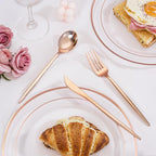 PULOTE 300PCS Rose Gold Plastic Silverware Set - Heavy Duty Rose Gold Utensils Set - Plastic Cutlery Disposable - Include 100 Knives,100 Forks and 100 Spoons for Party & Wedding