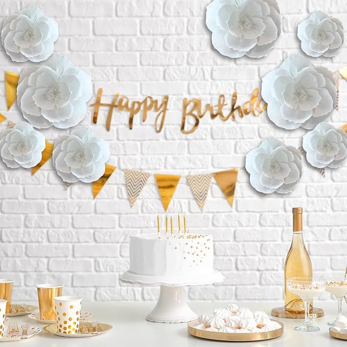BRT Bearingshui Crepe Paper Flowers Decoration for Wall Total 9 Pcs, Artificial Flowers for Wedding Decor,Flower Backdrop Decor, Baby Bridal Shower Birthday Party, White 3D Wall Flowers Decor