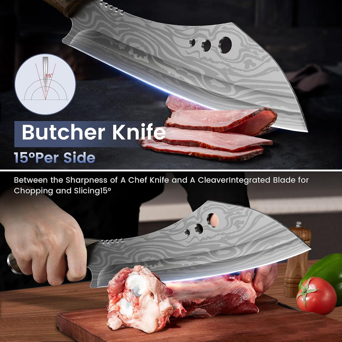 Butcher Knife Set, 3 PCS Kitchen Knives Set for Cutting, Meat Cleaver Chef Knife Set, Japanese Style High Carbon Steel Knives Set, Chopping & Slicing & Boning for Home and BBQ, Gift for Men