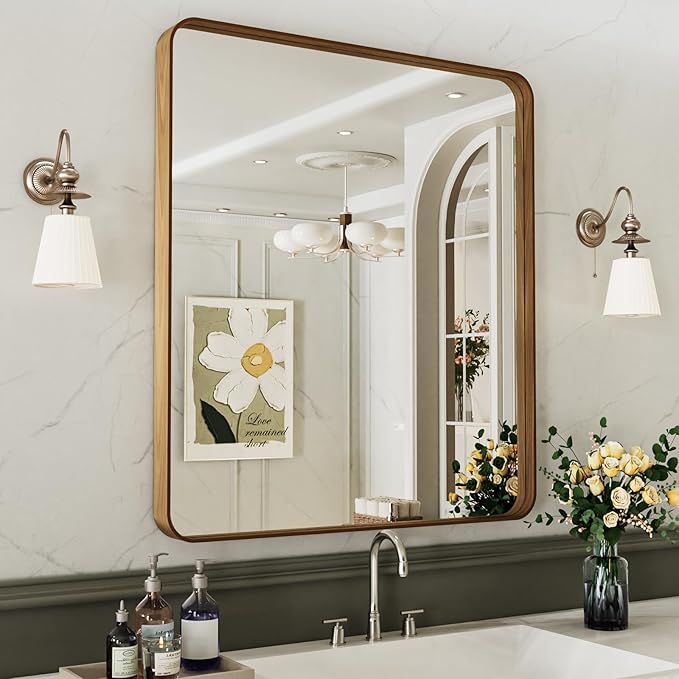 LOAAO 20X16 Inch Bathroom Mirror with Wood Grain Colored Metal Frame, Rounded Rectangle Metal Framed Bathroom Mirror, Anti-Rust, Hangs Horizontally or Vertically