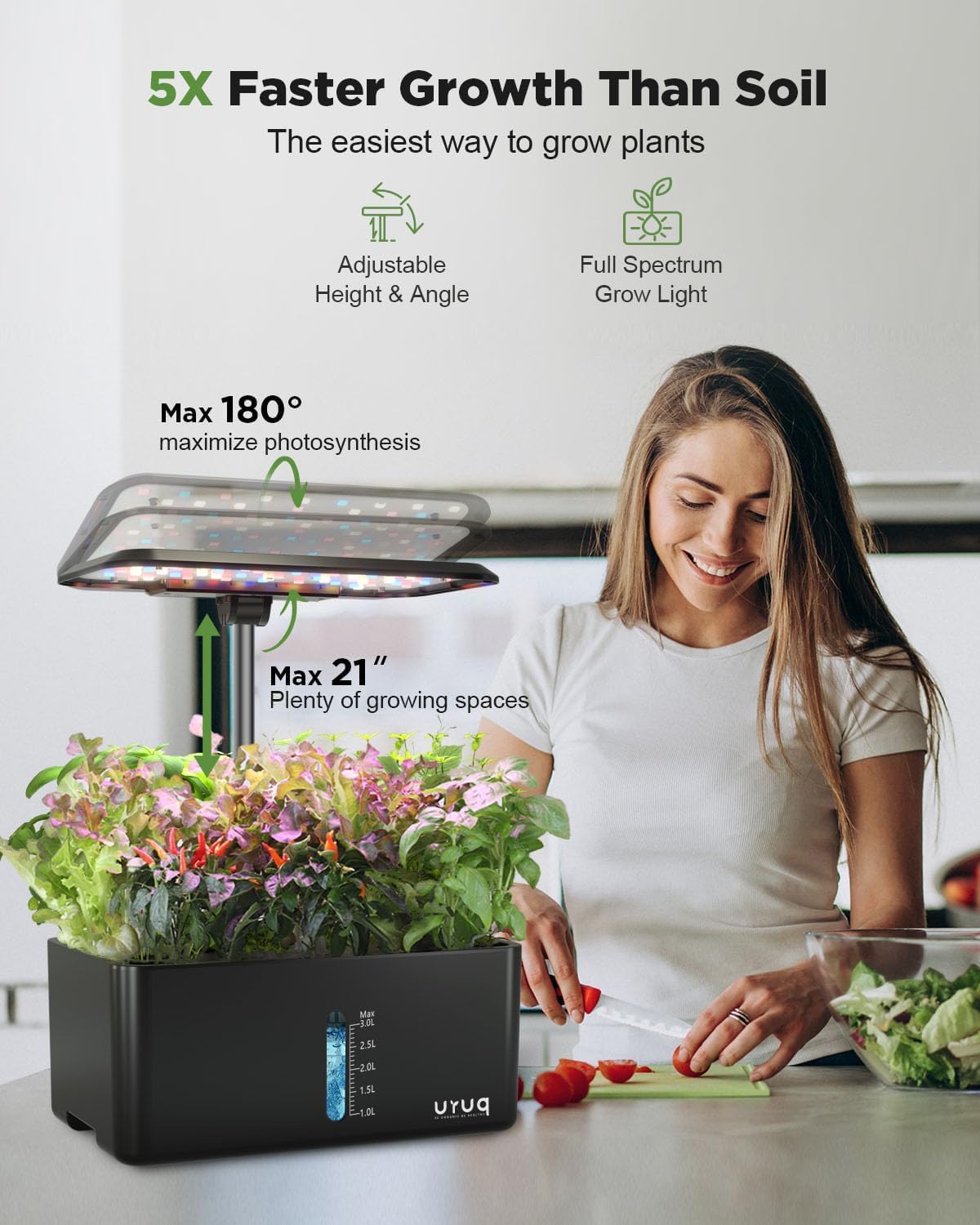 URUQ 8 Pods Hydroponics Growing System with LED Grow Light - Black