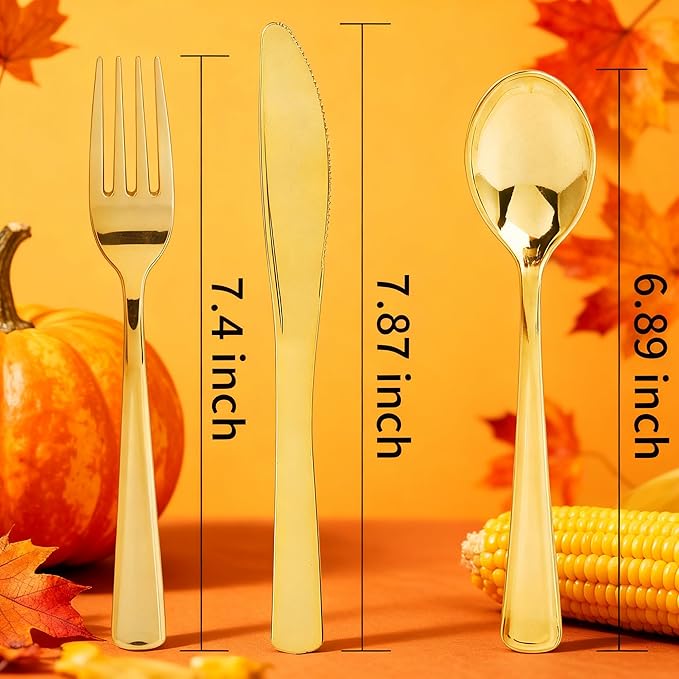WDF 120 Pieces Gold Plastic Silverware - Disposable Flatware Set - Heavy Duty Thanksgiving Plastic Cutlery - Silverware Includes 40 Forks, 40 Spoons, 40 Knives