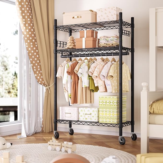 Heavy Duty Clothes Rack Rolling Garment Rack,3 Tier Adjustable Wire Shelving Clothing Racks for Hanging Clothes with Hanger Rod&Side Hooks,Freestanding Wardrobe Storage Rack Metal Portable Closet