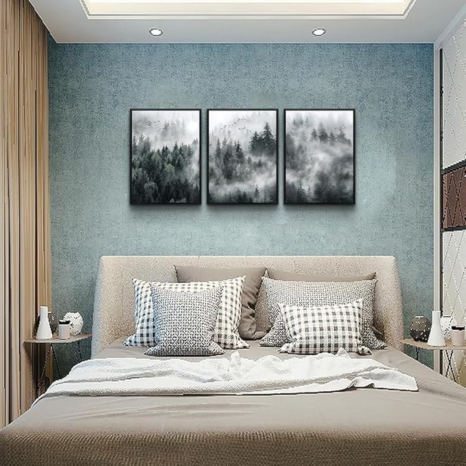 MHARTK66 Black Framed Wall Art For Living Room Modern Decorations Bedroom Foggy Forest Trees Landscape Painting Office Decor Home Ready To Hang a Pictures Of 3 Piece Prints