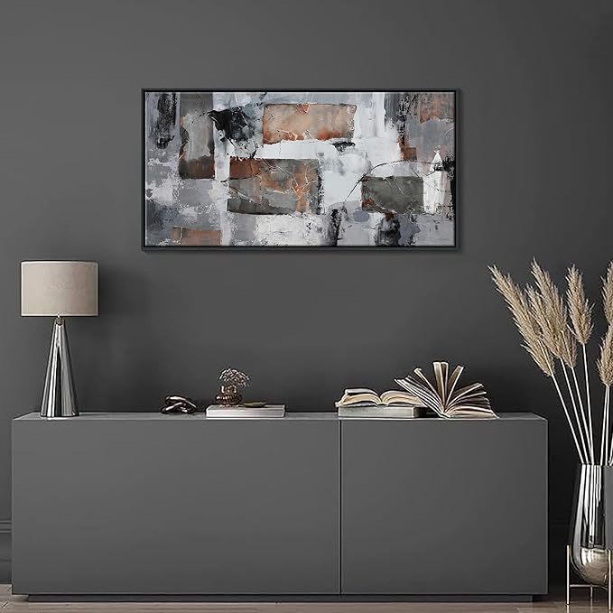 Large Abstract Wall Art - Gray and Black Modern Canvas Wall artwork, Framed Room Wall Decor for Living Room, Bedroom, and Office, Aesthetic Bedroom Wall Art Above Bed, Office Decorations for Work