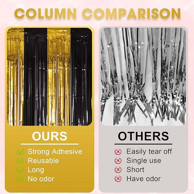 4 Pack Black and Gold Foil Fringe Backdrop Curtains, Tinsel Streamers Birthday Party Decorations, Fringe Backdrop for Graduation, Baby Shower, Gender Reveal, Disco Party