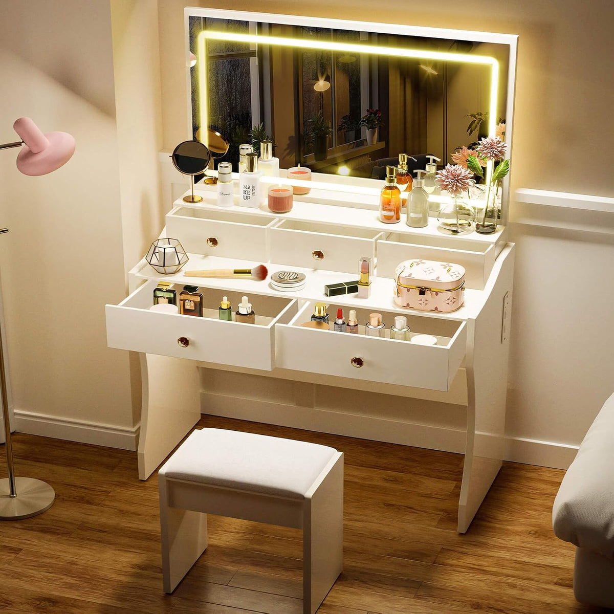 COMHOMA Makeup Vanity Desk with Mirror and Lights, Vanity Table and Chair Set with 5 Drawers & Charging Station, Modern Dressing Table for Girls, Stepless Dimmable & 3 Color Adjustable, Pearl White