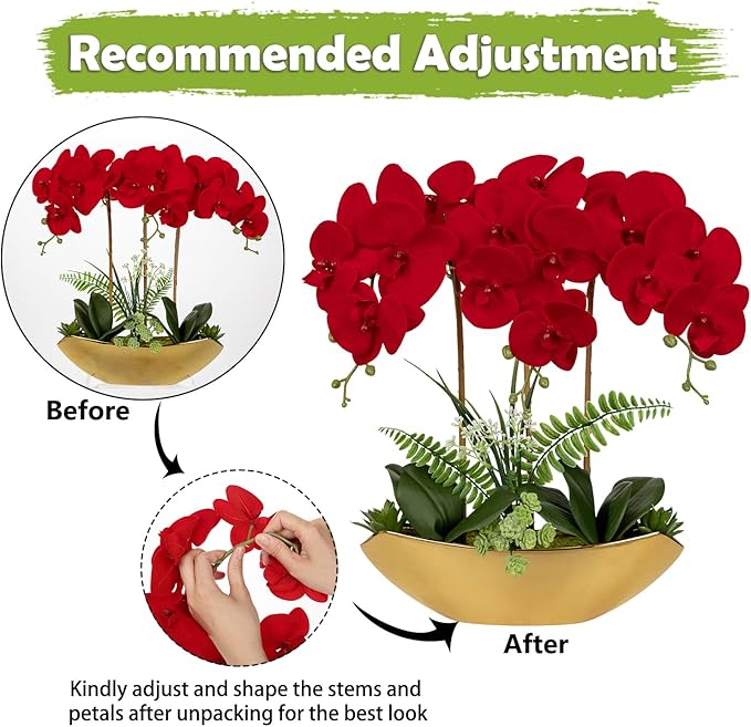 Briful Orchid Artificial Flowers 18in Red Fake Orchid Silk Flowers with Gold Ceramic Vase Faux Phalaenopsis Arrangement for Home Office Room Dining Table Centerpiece Modern Decor