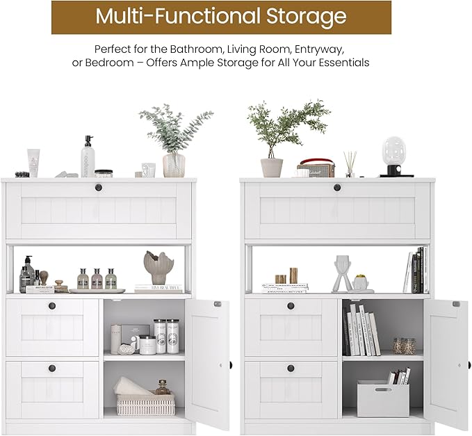 Bathroom Cabinet, Modern Bathroom Floor Storage Cabinet Organizer with 1 Door and 3 Drawers, Freestanding Cupboard for Kitchen/Living Room Use
