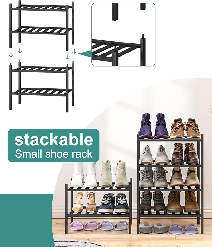 Black Small Shoe Rack for Entryway, 4-Tier Bamboo Shoe Organizer for Hallway Closet, Free Standing Shoe Racks for Indoor Outdoor