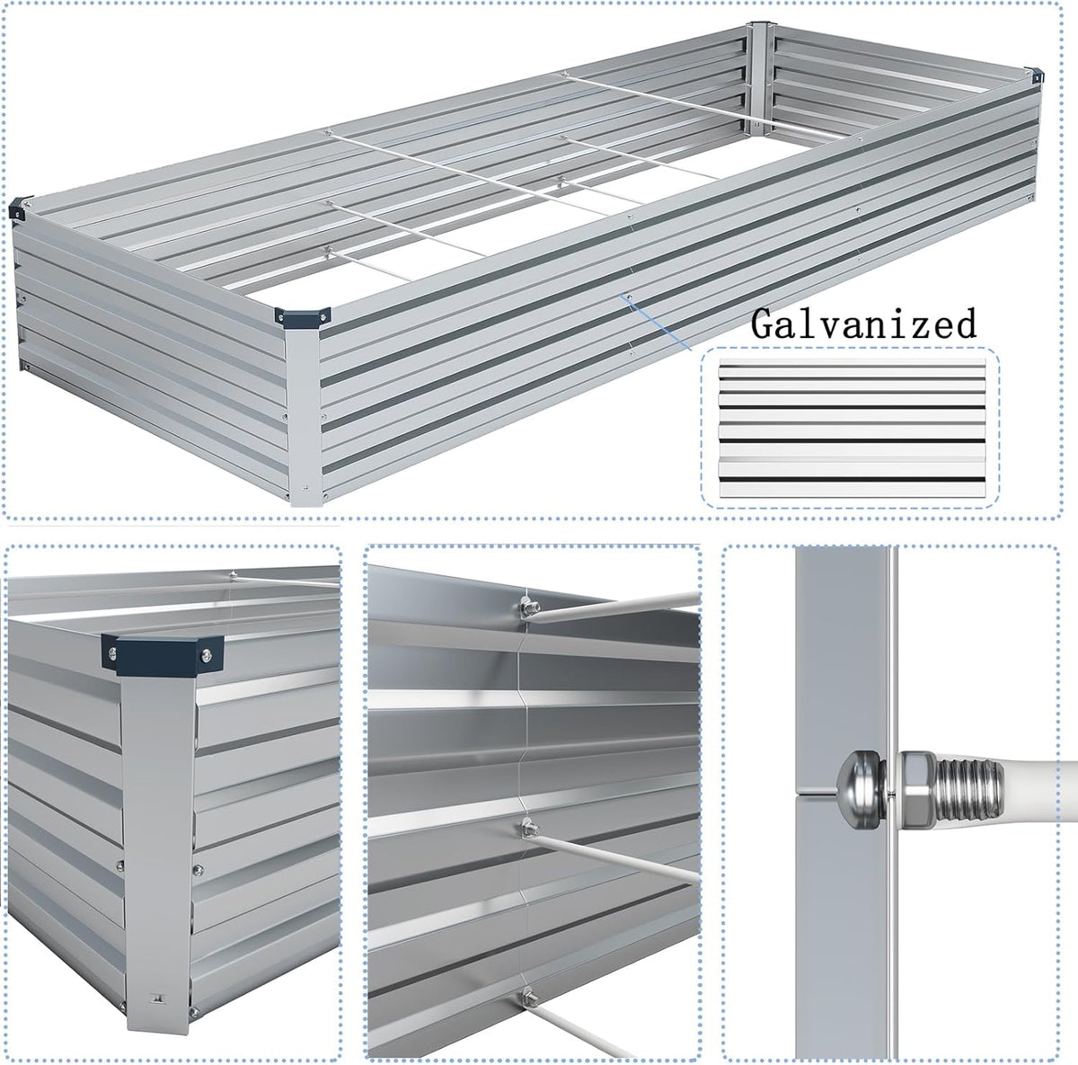 10×3×1FT(2PCS) Galvanized Raised Garden Bed Kit, Metal Planter Boxes，Large Outdoor Planters Garden for Planting Vegetables,Flowers,Herbs -Silver