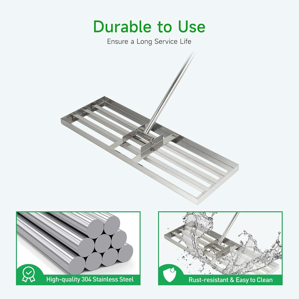 GreatBuddy Lawn Leveling Rake 30'' x 10", Heavy-Duty Stainless Steel Lawn Leveling Tool for Lawn, Soil, Sand, 78'' Extra Long Handle, Ideal for Yard, Garden