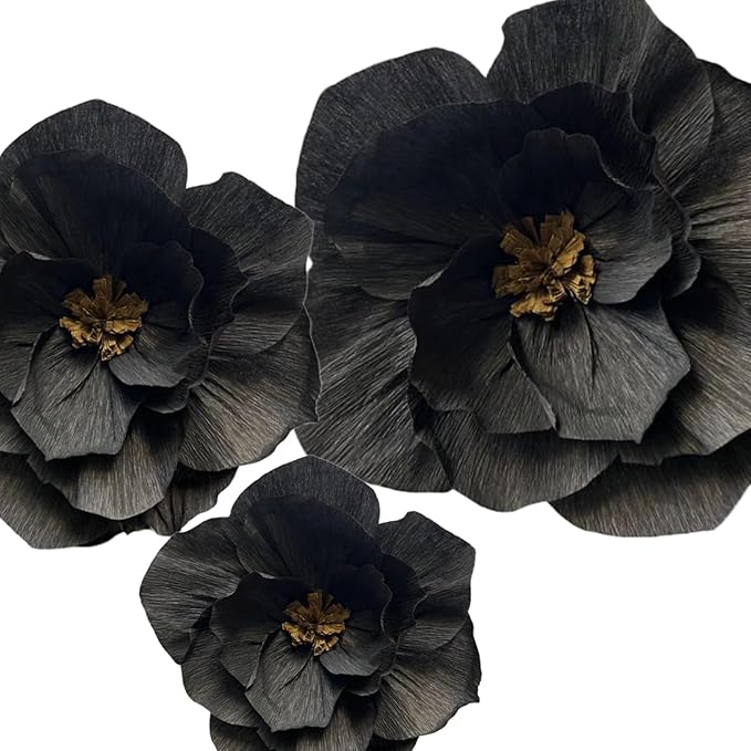 BRT Bearingshui Black Paper Flowers Decoration for Wall Total 9 Pcs, Artificial Flowers for Wedding Decor,Flower Backdrop Decor, Baby Bridal Shower Birthday Party, Black 3D Wall Flowers Decor