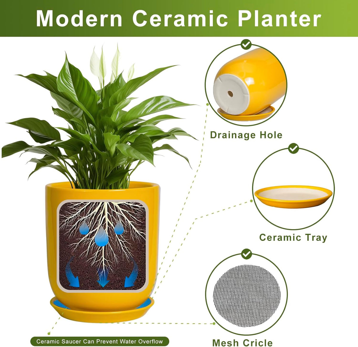 Plant Pot 8 Inch - Ceramic Plant Pot with Drainage Hole and Saucer Large Planter for Indoor Plants Outdoor Modern Flower Pot for Home Garden Decor Yellow
