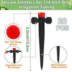 Push-to-Fit Drip Irrigation Emitters for 1/4" Drip Irrigation Tubing, 20 Pcs Adjustable 360 Degree Water Flow Drippers Sprayer on Stake 360° Full Circle Multi-Stream Irrigation In-line Dripper