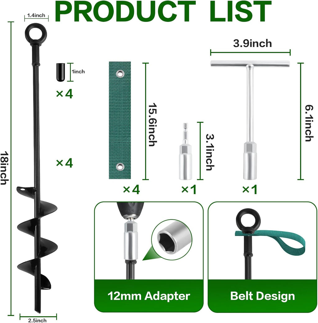 18-Inch Ground Anchors Screw in Heavy Duty, 4 Pack Shed Anchor Kit with Wrenches and Straps, High Wind Trampoline Anchors & Stakes for Swing Sets, Camping Tent, Carport, Plants, Mobile Home