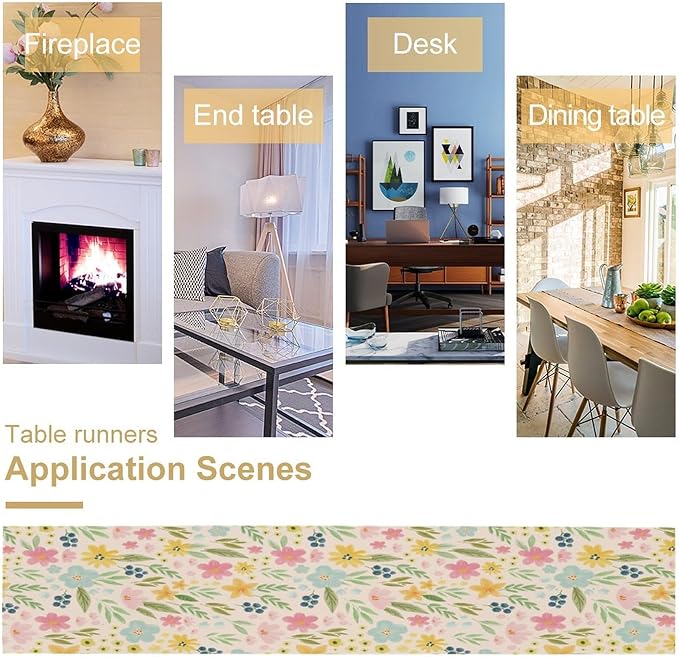 Floral Table Runner, Boho Style Watercolor Flower Green Leaf Plant Rectangle Table Decoration for Dining, Party, Holiday,13in（33cm） W * 120in（305cm） L