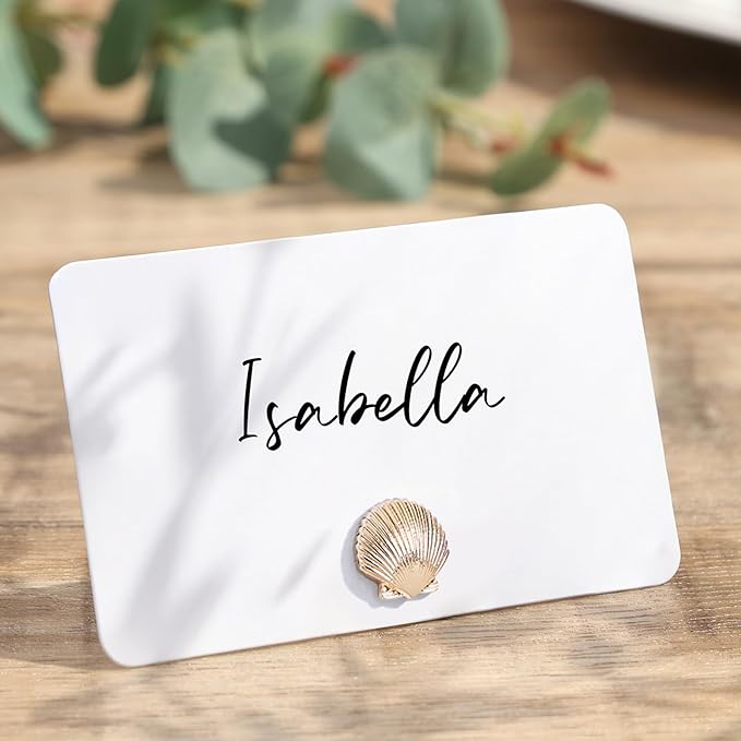 UNIQOOO 12Pcs Decorative Gold Shell Place Card Holders Bulk, Scallop Name Card Stands Set, for Beach Wedding Decor Coastal Favors, Table Setting, Business Card, Name Tag, Party Food Labels