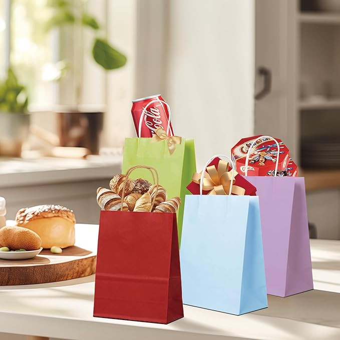 BAG BOX 50 Pack Small 5.9x3.1x8.25 Inch Green Kraft Paper Gift Bags with Handles for Bulk Shopping, Retail, Craft, Party Favors, Wedding, Grocery & Sacks