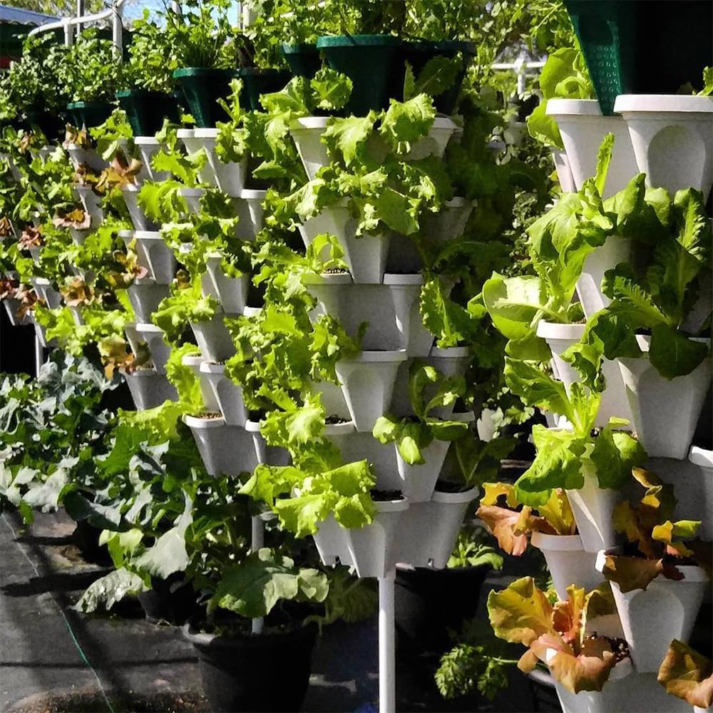 Vertical Garden Planter 4 Tier Stackable System 16 Plants, Space Saving Herb, Strawberry & Food Crop Planter with Center Support Hole for Indoor Outdoor Gardening (4, Stone, Small)