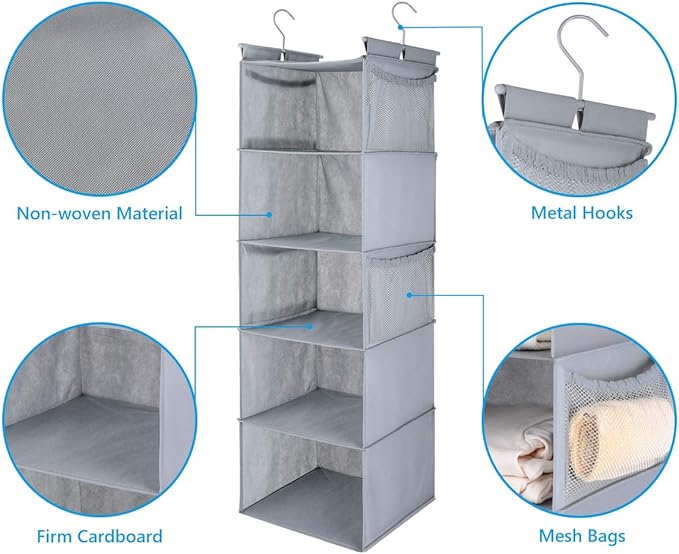 MAX Houser 5 Shelf Hanging Closet Organizer,Space Saver, Closet Hanging Shelves with (4) Side Pockets,Foldable,Light Grey