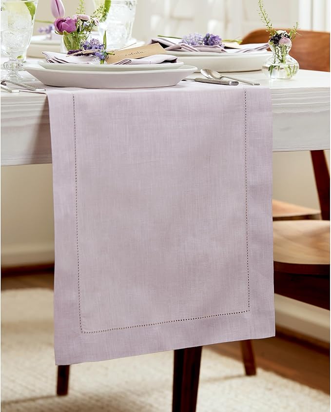 Solino Home Linen Lilac Table Runner 72 Inches Long - 100% Pure Linen Hemstitch Table Runner 14 x 72 Inch for Dresser, Dining, Fall, Autumn, Thanksgiving, Christmas - Classic Hemstitch