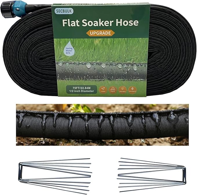Secbulk 2026 Flat Soaker Hose 75 ft with Stakes for Garden, 75ft Linkable Drip Hose Diy Garden Irrigation System Saving 80% Water, Dual-layer Leak-free Design Water Hose with Holes