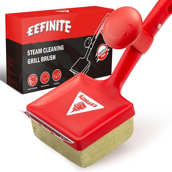 BBQ Grill Cleaner Brush, EEFINITE Steam Grill Brush for Outdoor Grilling with Replacement Scrub Sponge + Superior Scraper, Safe No Wire Bristle Barbecue Scrubber Brush for Grills Cleaning Tool