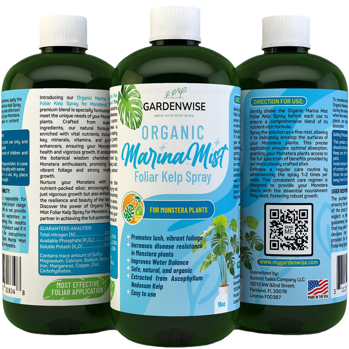 Organic Marina Mist Foliar Spray for Monstera, Philodendron, Elephant’s Ear and Other Tropical Houseplant | Liquid Fertilizer | Micro Nutrients for Vital Health | Liquid Plant Food (8 OZ)