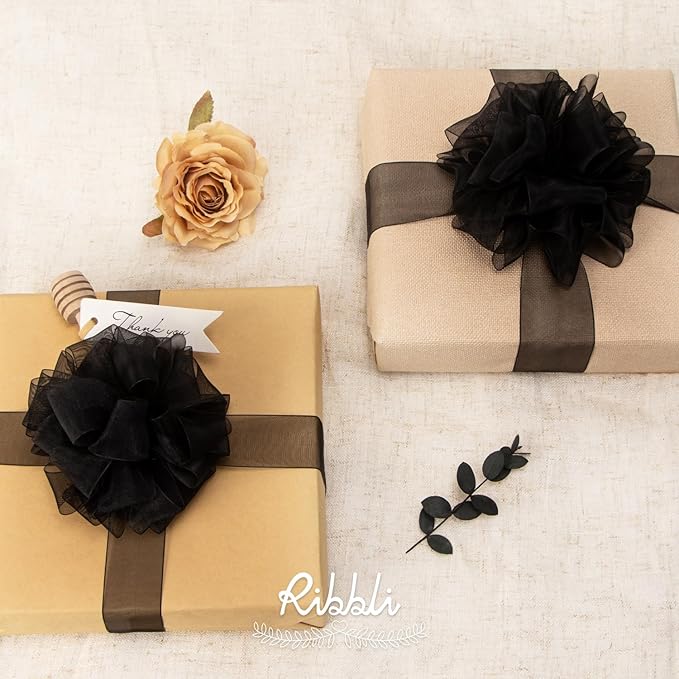 Ribbli Black Sheer Organza Ribbon,1-1/2 Inches x Continuous 50 Yard Use for Gift Wrapping,Bouquet Wrapping,Wedding Decoration,All Crafting and Sewing