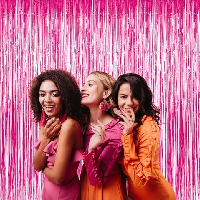 GOER 3.2 ft x 8.2 ft Metallic Tinsel Foil Fringe Curtains Party Photo Backdrop Party Streamers for Galentines Day,Birthday,Graduation,New Year Eve Decorations Wedding Decor (5 Packs,Hot Pink)
