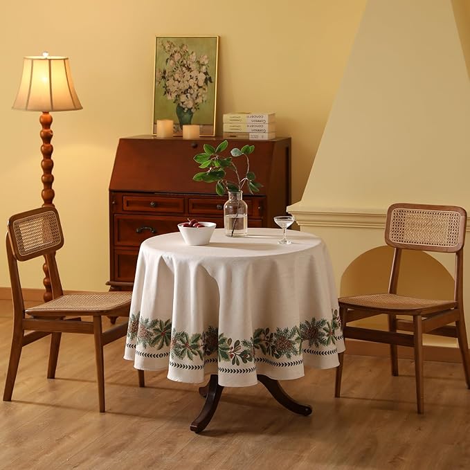 ISAENNE Designer Christmas Linen Small Round Tablecloth,Light Beige Western Elegant Table Cloth,Wrinkle Resistant Decor Tablecloths for Dining Thanksgiving Kitchen Christmas,Diameter 55"-Carol G