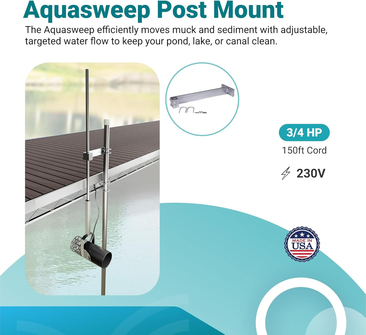 Scott Aerator 3/4 Horse Power 230V Muck Blaster - 150ft Cord | 3/4 Horse Power Aquasweep w/Post Mount | Water Circulator | Water Agitator | Water Mover | Muck Blower