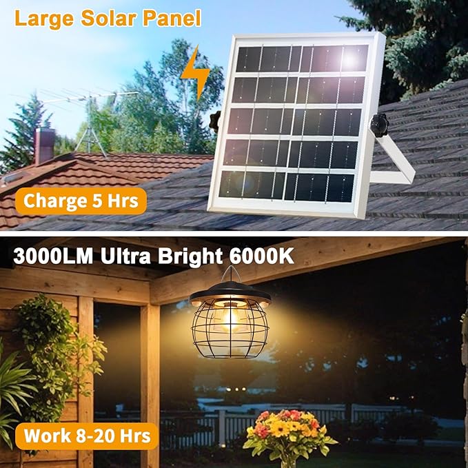 Shed Lighs Solar Powered 3000LM Solar Pendant Light Outdoor, Gazebo Lantern with 2 Motion Sensor Retro Style Metal Frame Solar Lamp with Remote for Canopy Garden Patio Umbrella, 3 Color Temps