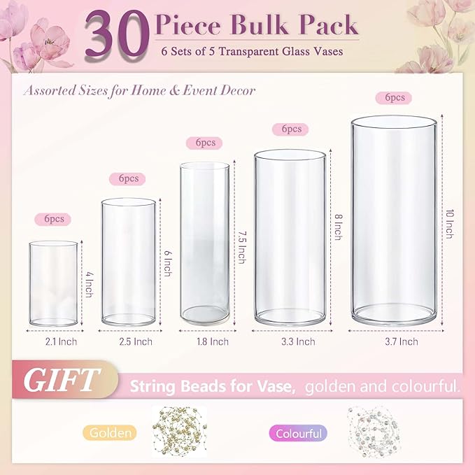 30pcs Glass Vase Cylinder Vases for Centerpieces Small Flower Glass Clear Vases Home Decor Centerpiece Table Flower Vase Decorations for Wedding Decoration＆Holiday Mixed Sizes Tall