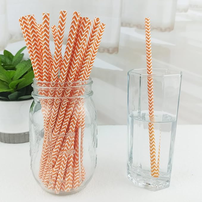 YAOSHENG Premium Disposable Waves Striped Drinking Paper Straws, Pack 100 Orange Waves Paper Straws for Cocktail Party Supplies,Birthday,Bridal/Baby Shower,Juice,Shakes (Orange Waves)