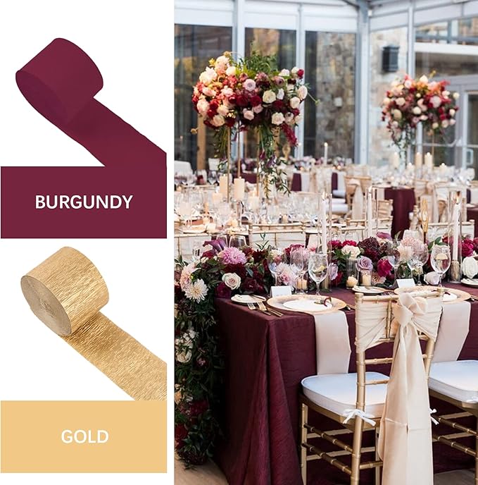 PartyWoo Crepe Paper Streamers 4 Rolls 328ft, Pack of Burgundy and Gold Crepe Paper for Party Decorations, Wedding Decorations, Birthday Decorations, Baby Shower Decorations (1.8 Inch x 82 Ft/Roll)