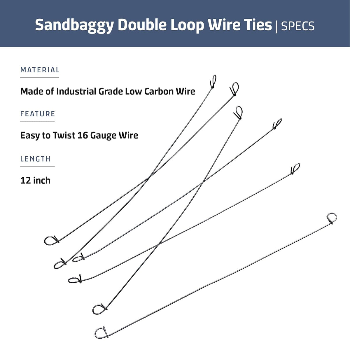 Sandbaggy Double Loop Rebar Wire Bar Ties | 16 Gauge | Made of Industrial Grade Wire | Great for Securing Rebar, Sandbags & More | Extra Long Length (12 Inch Length, Pack of 200)