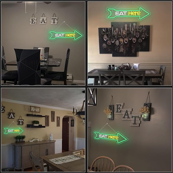 Looklight Eat Here Arrow Neon Sign Dimmale Neon Lights For Wall Decor Led Lights For Home Kitchen Restaurant Bar Party Decor USB Powered 16.6x5.5in